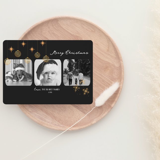 Carte de Noël moderne | Elégant Gold Triple-Photo (Créateur téléchargé)