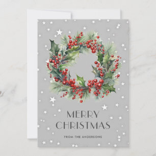 Carte de Noël moderne Holly Berries Wreath Joyeuse