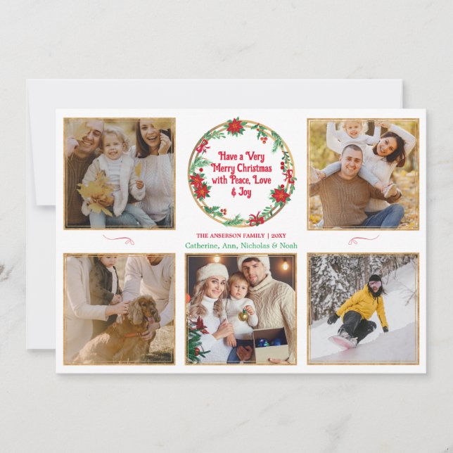 Carte de Noël moderne pour 5 photos de famille ave (Devant)