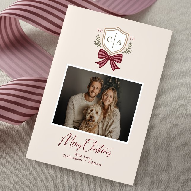 Carte de Noël Monogram Crest Bow (Créateur téléchargé)