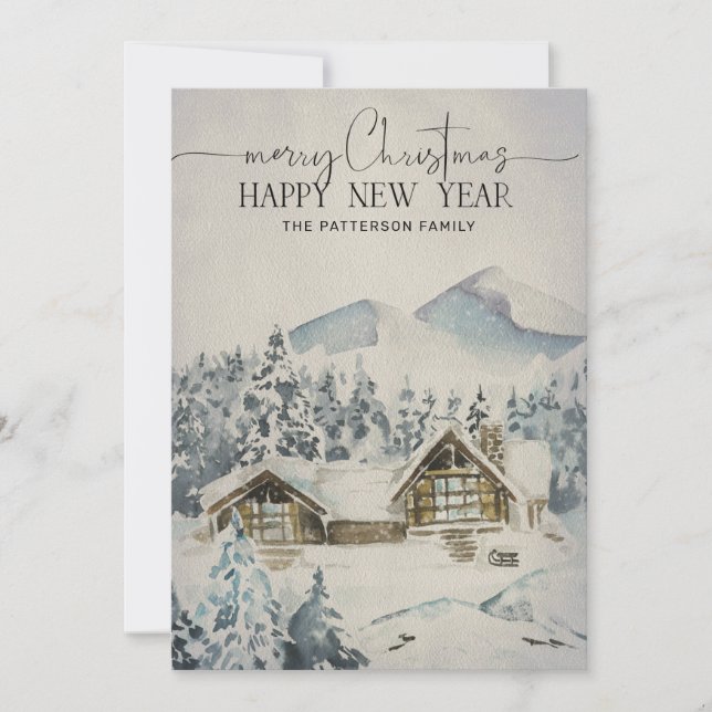 Carte de Noël Mountain Lodge Forest Snow Scene Car (Devant)