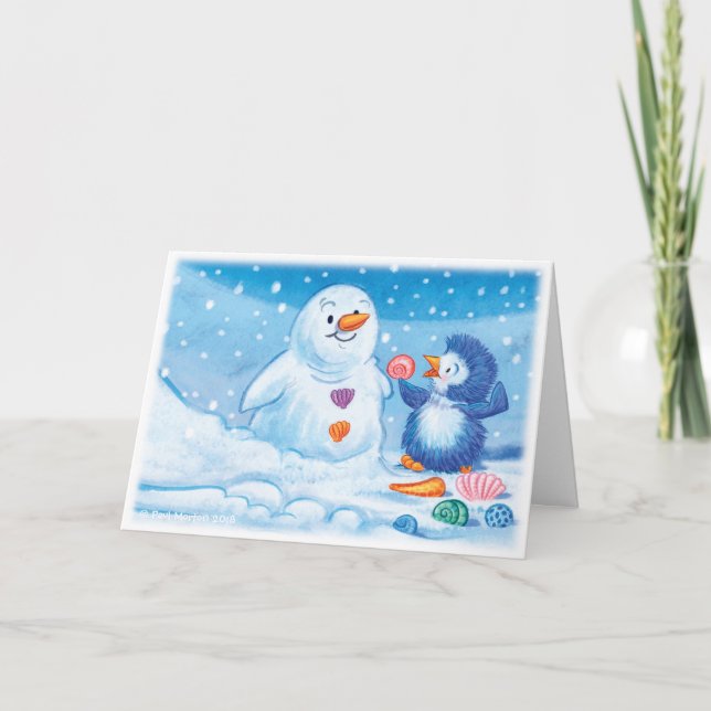 Carte de Noël moyenne Penguin & Snowman. (Devant)