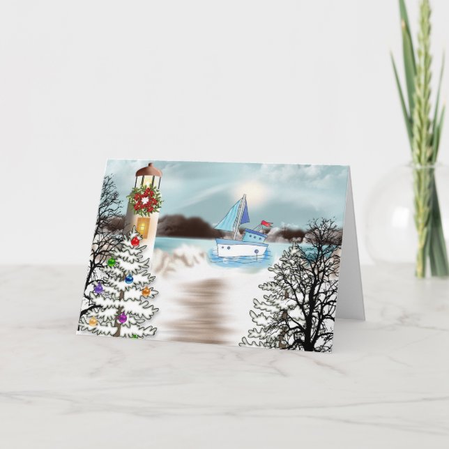 Carte de Noël nautique avec phare (Devant)