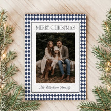Carte de Noël Navy Blue Harlequin avec une photo