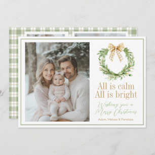 Carte de Noël Olive Gold Plaid Wreath Preppy Bow