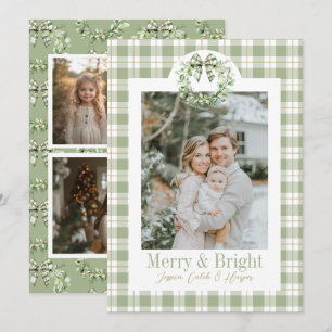 Carte de Noël Olive Gold Plaid Wreath Preppy Bow