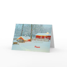 Carte de Noël Paix avec une scène de ferme neigeus