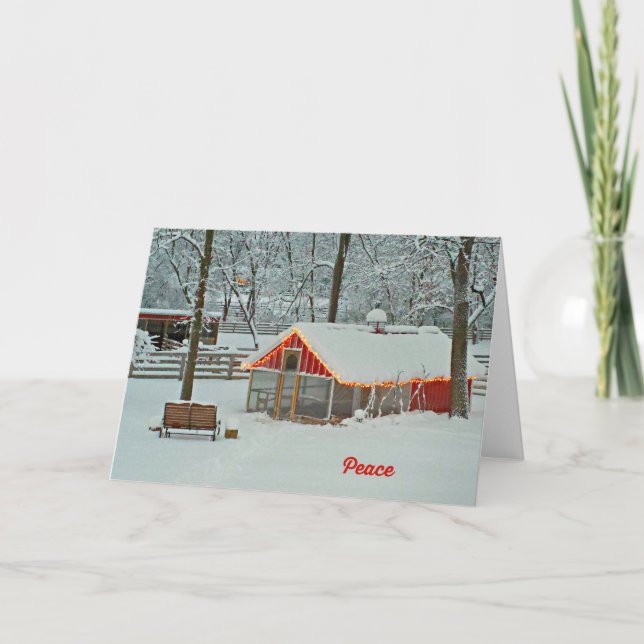 Carte de Noël Paix avec une scène de ferme neigeus (Devant)