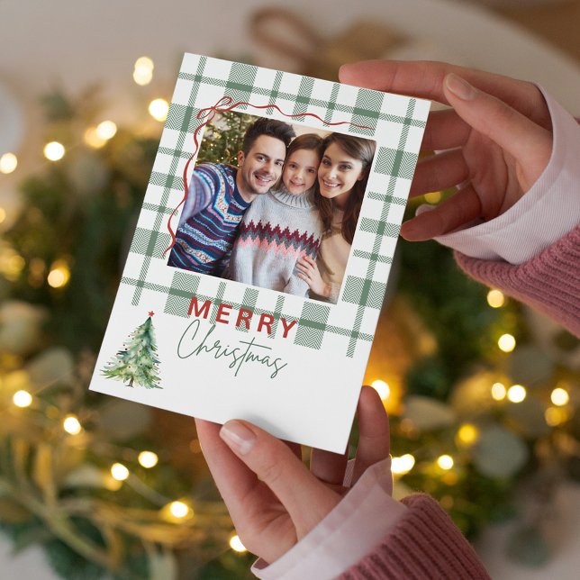 Carte de Noël Pâté Vert Rustique Photo Pliée (Green Plaid Rustic Photo Folded Christmas Card)
