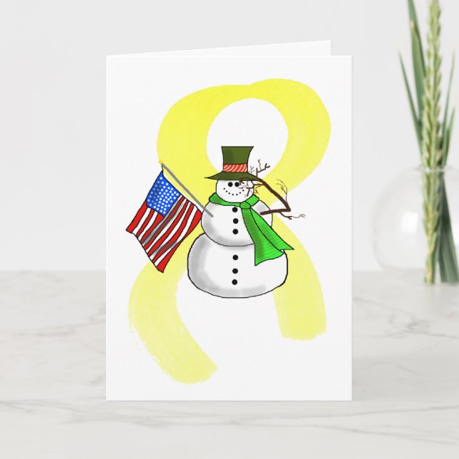 Carte de Noël Patriotique Snowman & Yellow Ribbon (Devant)
