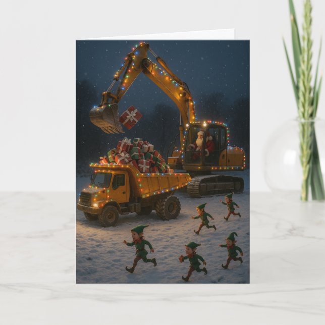 Carte de Noël Père Noël, lutins, pelleteuse,  (Devant)