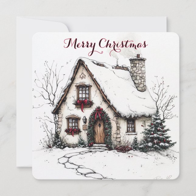 Carte de Noël personnalisable avec Watercolor Hous (Devant)