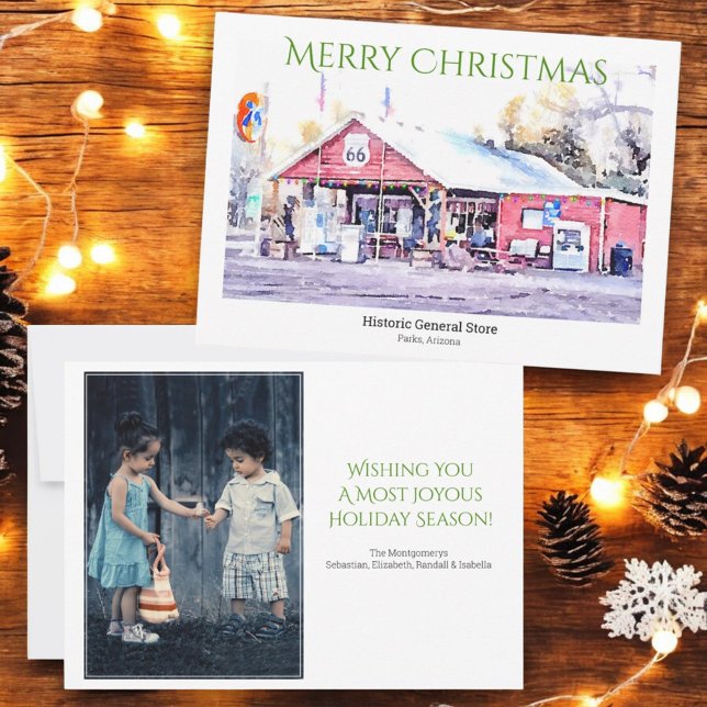 Carte de Noël personnalisée Aquarelle Route 66 (Custom photo Christmas flat card)