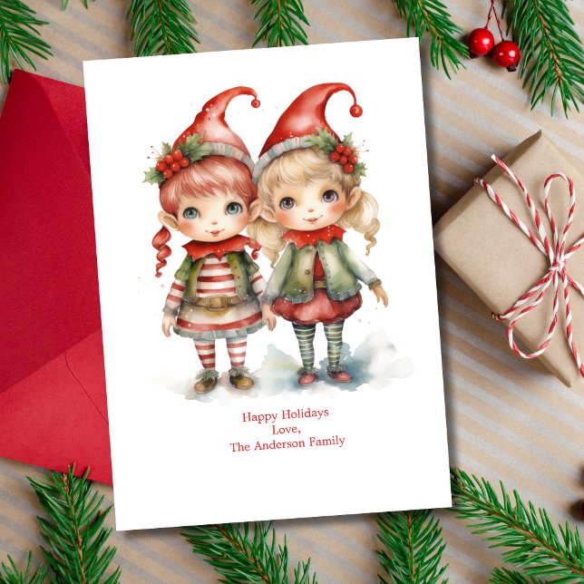 Carte de Noël personnalisée Elfes de fêtes (Christmas Elves on this holiday card. Two cute elves. Printed or Digital Instant download)