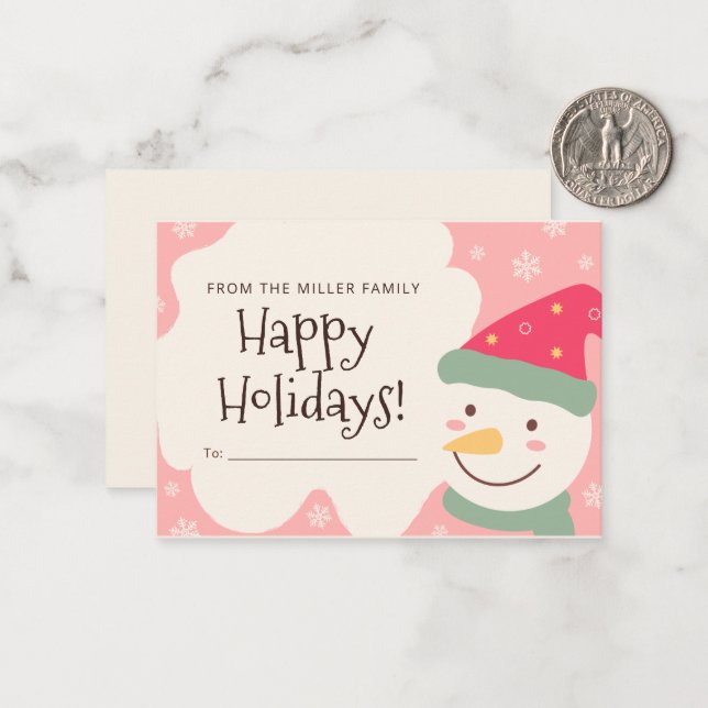 Carte de Noël personnalisée Pink Snow Man (Devant/Arrière en situation)