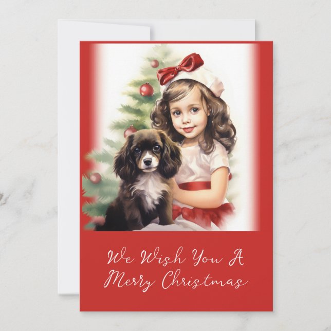 Carte de Noël petite fille et chiot (Devant)