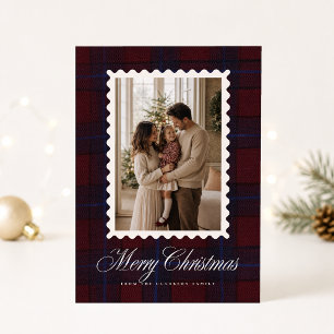 Carte de Noël photo à cadre ondulé Tartan Bourgogn