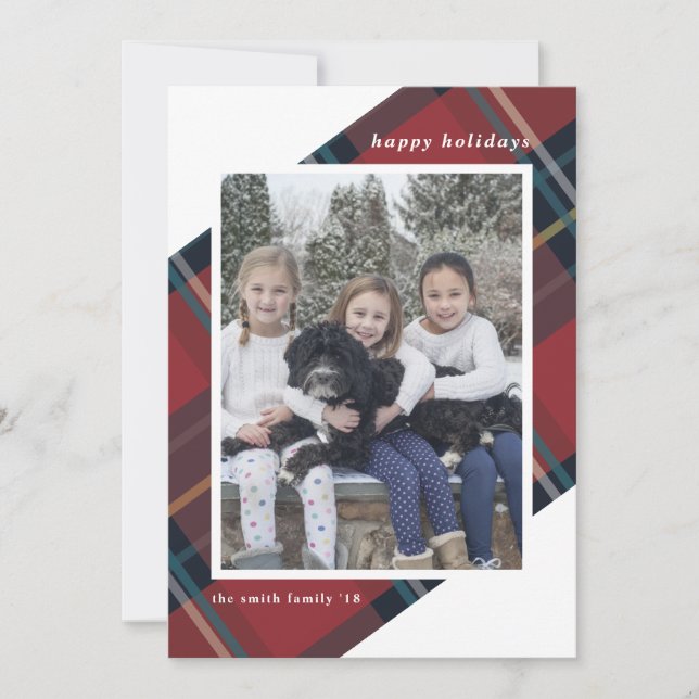 Carte de Noël photo à carreaux rouges et bleus Joy (Devant)