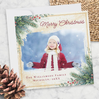 Carte de Noël photo au style aquarelle avec pins e