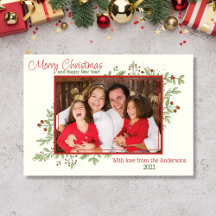 Carte de Noël photo avec baies et feuilles de houx