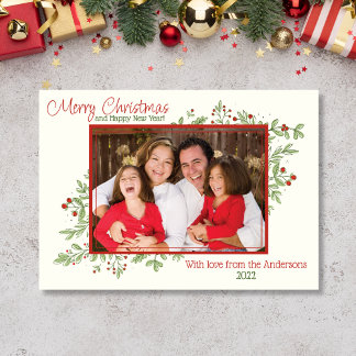 Carte de Noël photo avec baies et feuilles de houx