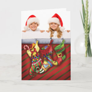 Carte de Noël photo avec des bas rouges et verts.