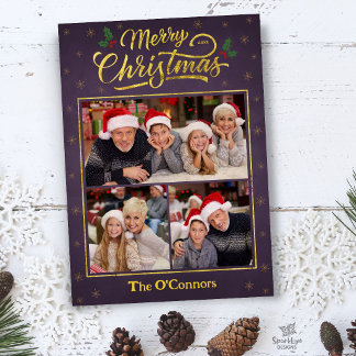 Carte de Noël photo avec écriture or violet Joyeux