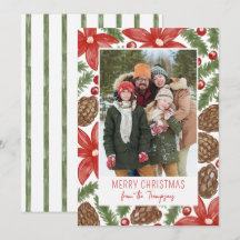 Carte de Noël photo avec Poinsettia et Pin aquarel