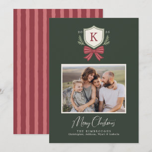 Carte de Noël photo avec ruban rayé et blason mono