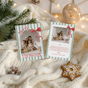 Carte de Noël photo avec ruban rouge rayé sage