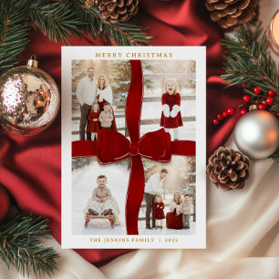 Carte de Noël photo avec un élégant nœud rouge