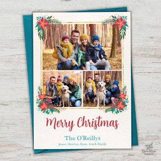 Carte de Noël photo bohème florale, cadre doré