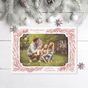 Carte de Noël photo de Noël avec cadre de pin dess