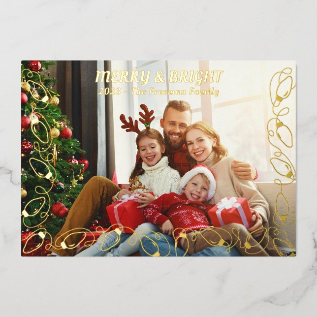 Carte de Noël photo élégante avec lumières en feui (Recto)