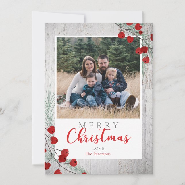 Carte de Noël photo en bois rustique avec baies d' (Devant)
