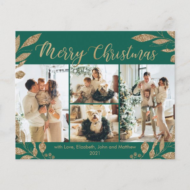 Carte de Noël photo Feuille d'or vert Budget (Devant)