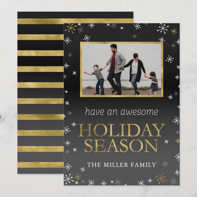 Carte de Noël photo Gold et Black Snowflakes (Devant / Derrière)