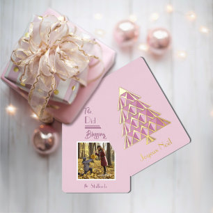 Carte de Noël Photo Joyeux Noël Rose