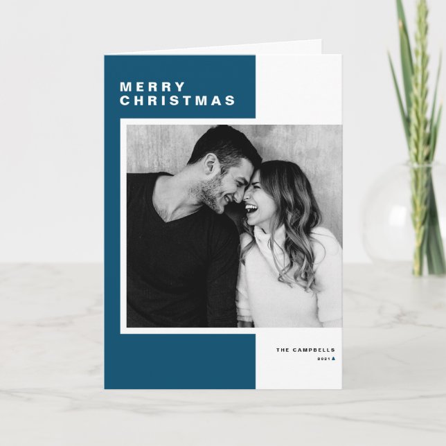 Carte de Noël photo minimaliste bleue avec blocs d (Devant)