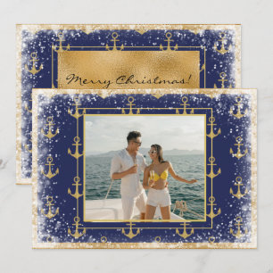 Carte de Noël photo nautique or bleu Xmas