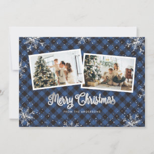 Carte de Noël photo Silver Plaid Bleu