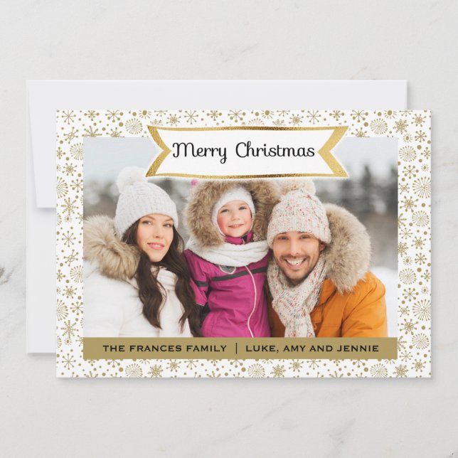 Carte de Noël photo White with Gold Snowflakes (Devant)