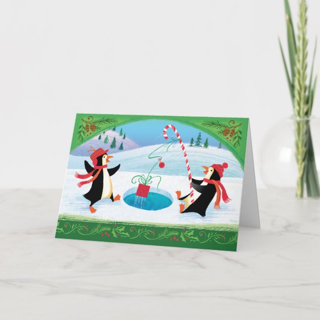Carte de Noël Pingouin de pêche (Devant)