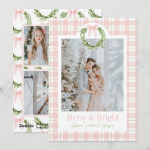 Carte de Noël Pink Plaid Wreath Preppy Wreath Bow