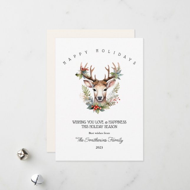 Carte de Noël plate à motif de renne à l'aquarelle (Devant/Arrière en situation)