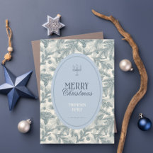 Carte de Noël plate aux branches de pin bleu vinta