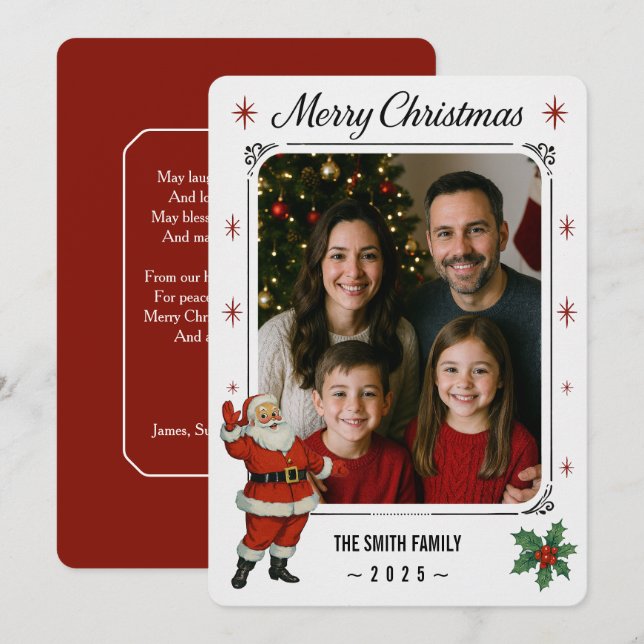 Carte de Noël plate avec photo du Père Noël et sa  (Devant / Derrière)