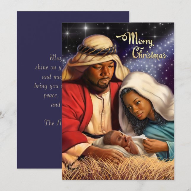 Carte de Noël plate de la Nativité afro-américaine (Devant / Derrière)
