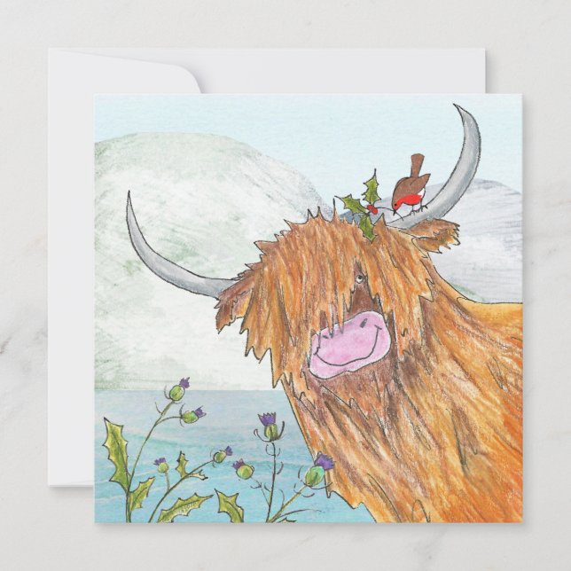 Carte de Noël plate Highland coo et robin (Devant)