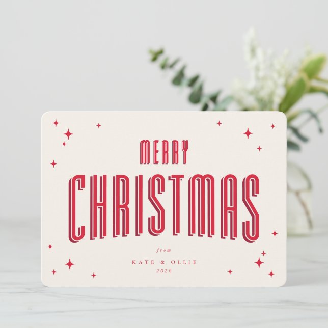 Carte de Noël plate rétro étoiles crème et rouge (Debout devant)